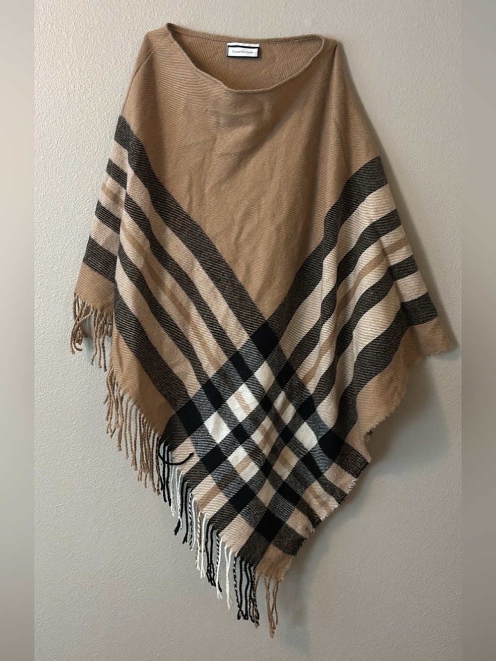 Charter Club Tan and Black Plaid Fringe Poncho